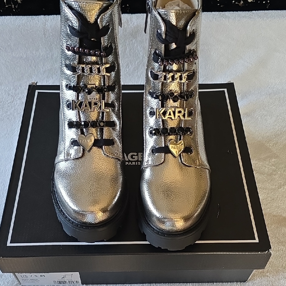 Karl Lagerfeld Paris Metallic Silver Boots with Simmering Chain Accents - Picture 8 of 13